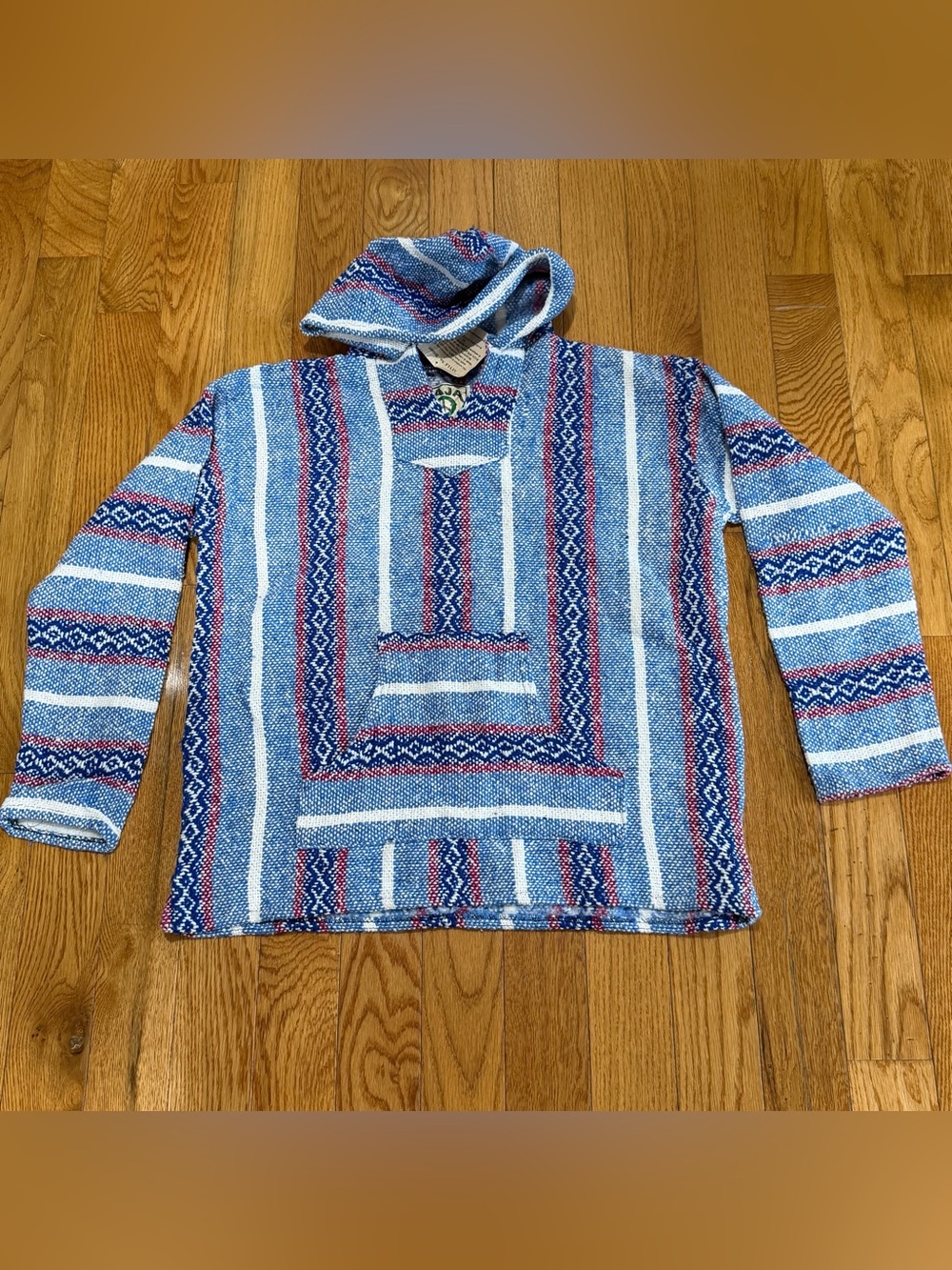 Size Small Women’s BAJA Joe red white and sky blue heavyweight poncho hoodie